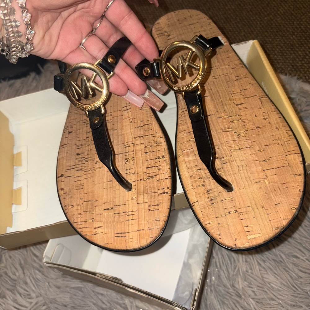 Michael Kors Black and Gold Cork Sandals